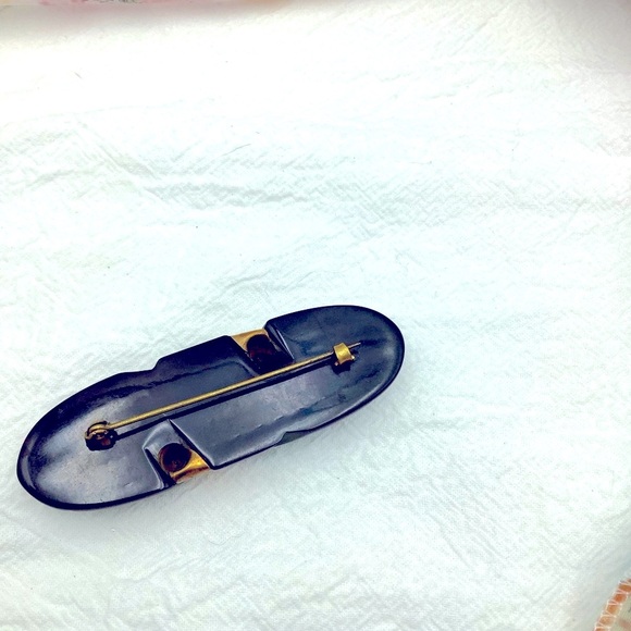 Vintage Mourning Brooch Art Deco Black Bakelite Bar Pin - Picture 2 of 3